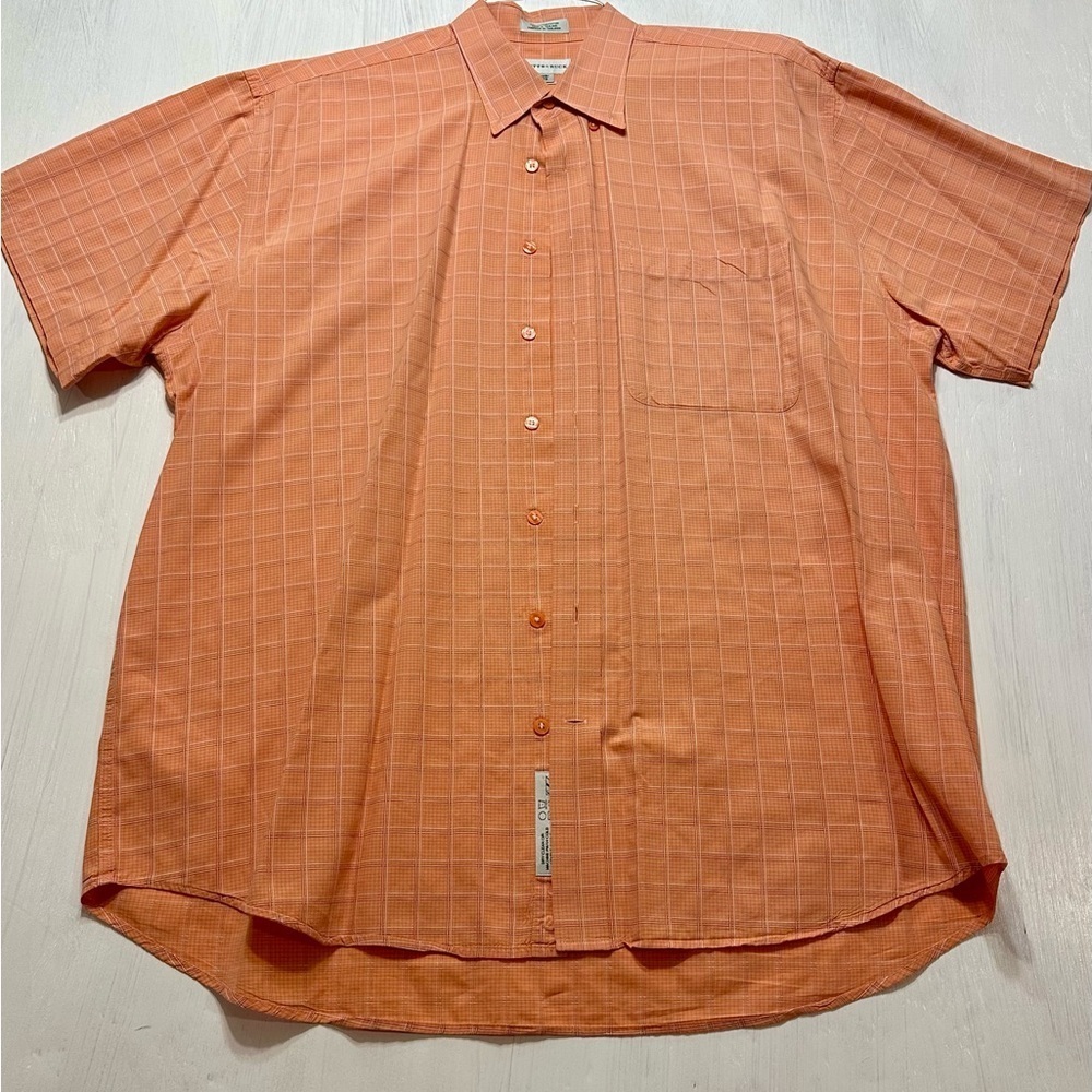 Cutter & Buck Men’s 1XB Short Sleeve Button Up Shirt Orange Plaid Cotton Casual